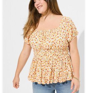 Torrid Floral Smocked Crinkle Gauze Cris Cross Back Blouse Top Shirt